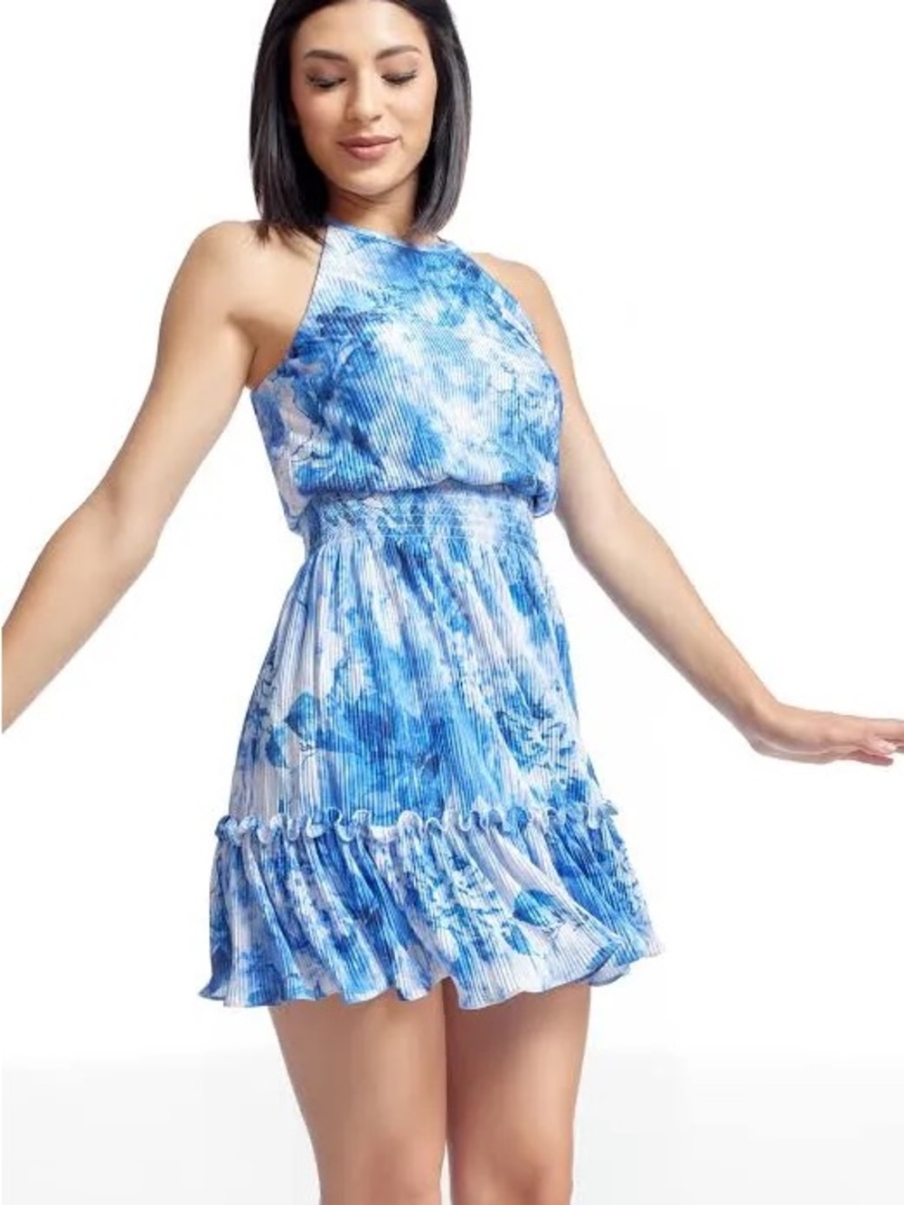 Dress the Population Blue White Floral  Halter Pleated Ruffle Mini Dress NWOT
